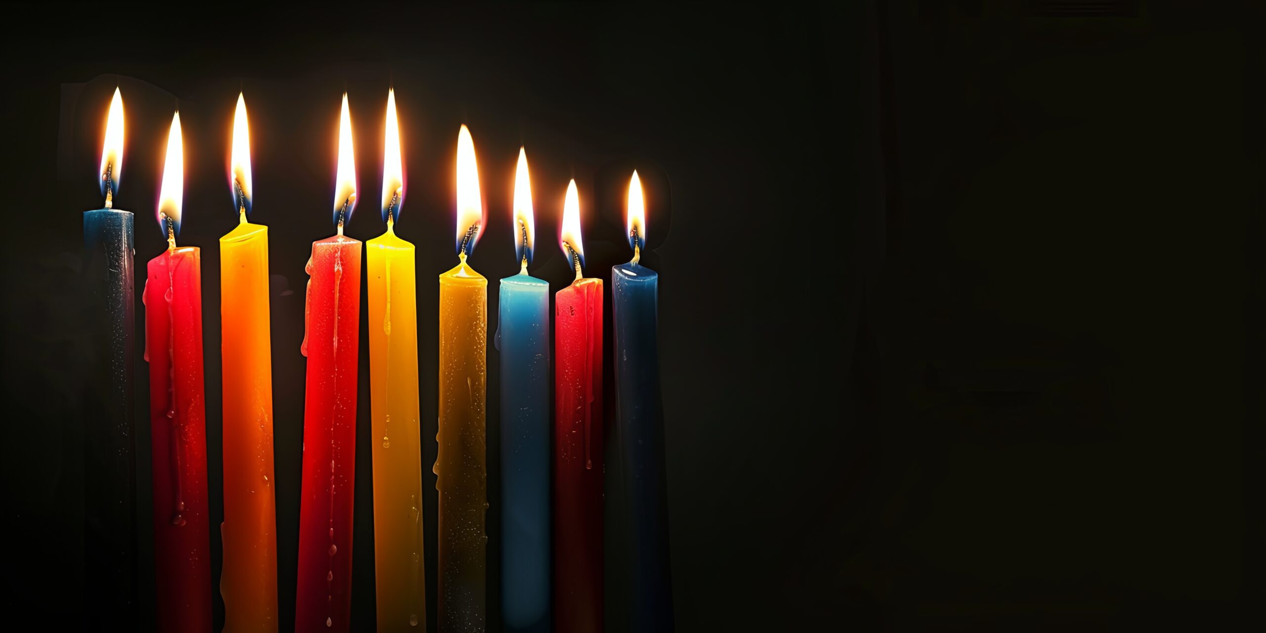 Nine colorful lit candles against a dark background.  Hanukkah menorah celebrating the Jewish festival of lights.